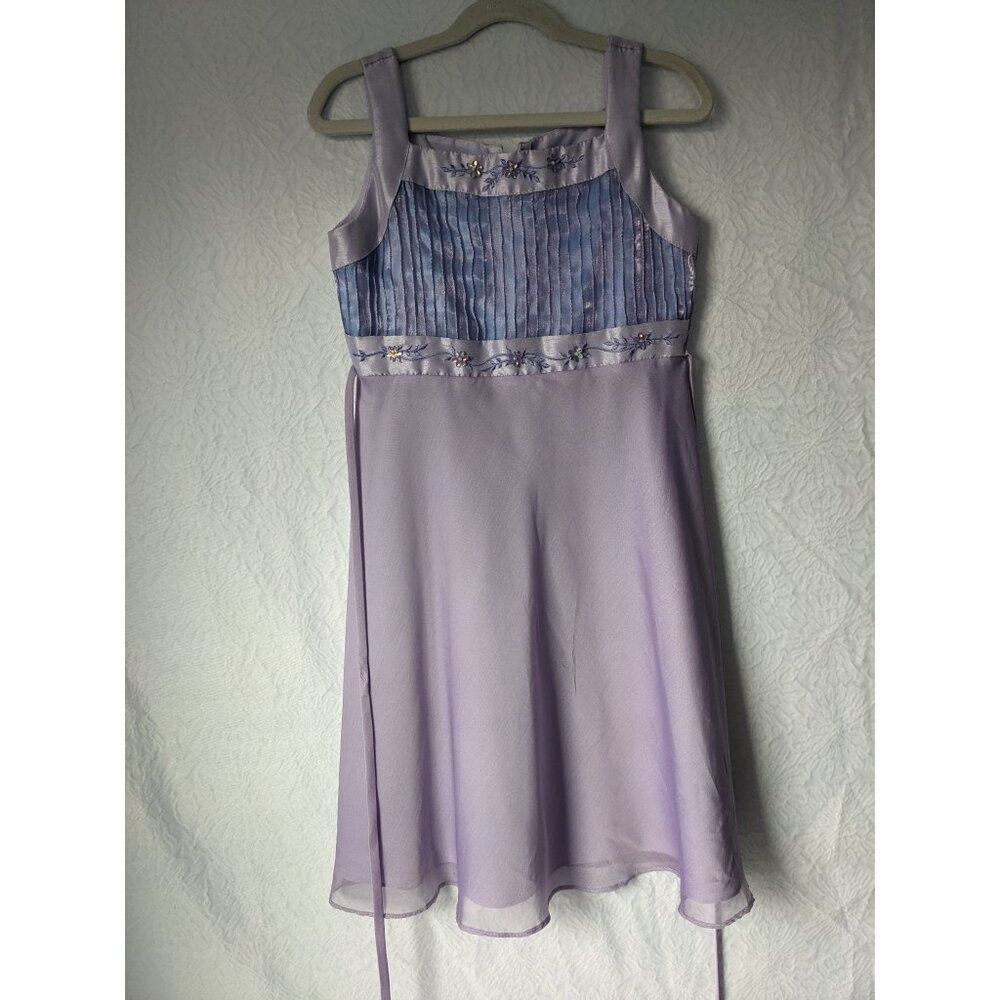 Girls Lavender Purple Party Easter Dress Sleeveless Shiny Floral Zip Back Size 8